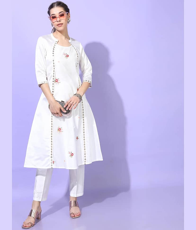 Vishudh Women Viscose Embroidered Straight Kurti With Pants ( White ) view 2