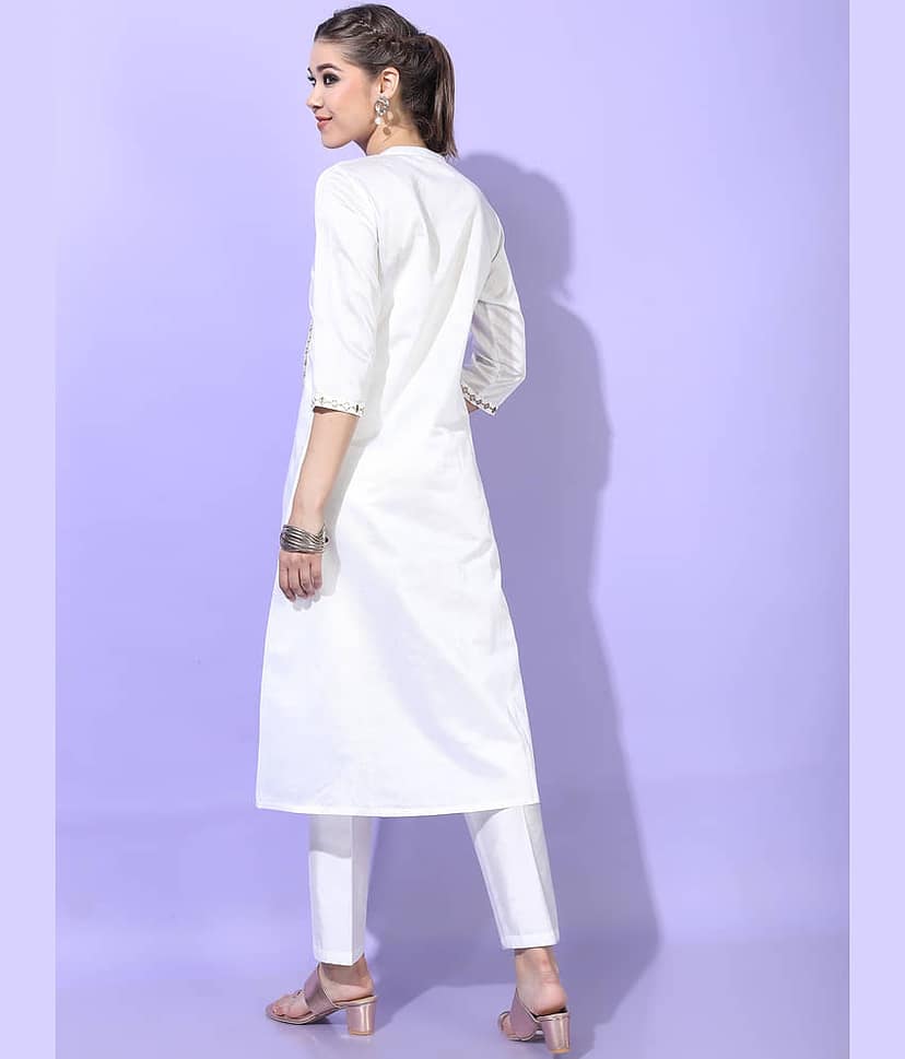 Vishudh Women Viscose Embroidered Straight Kurti With Pants ( White ) view 3