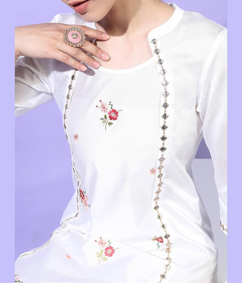 Vishudh Women Viscose Embroidered Straight Kurti With Pants ( White ) view 4