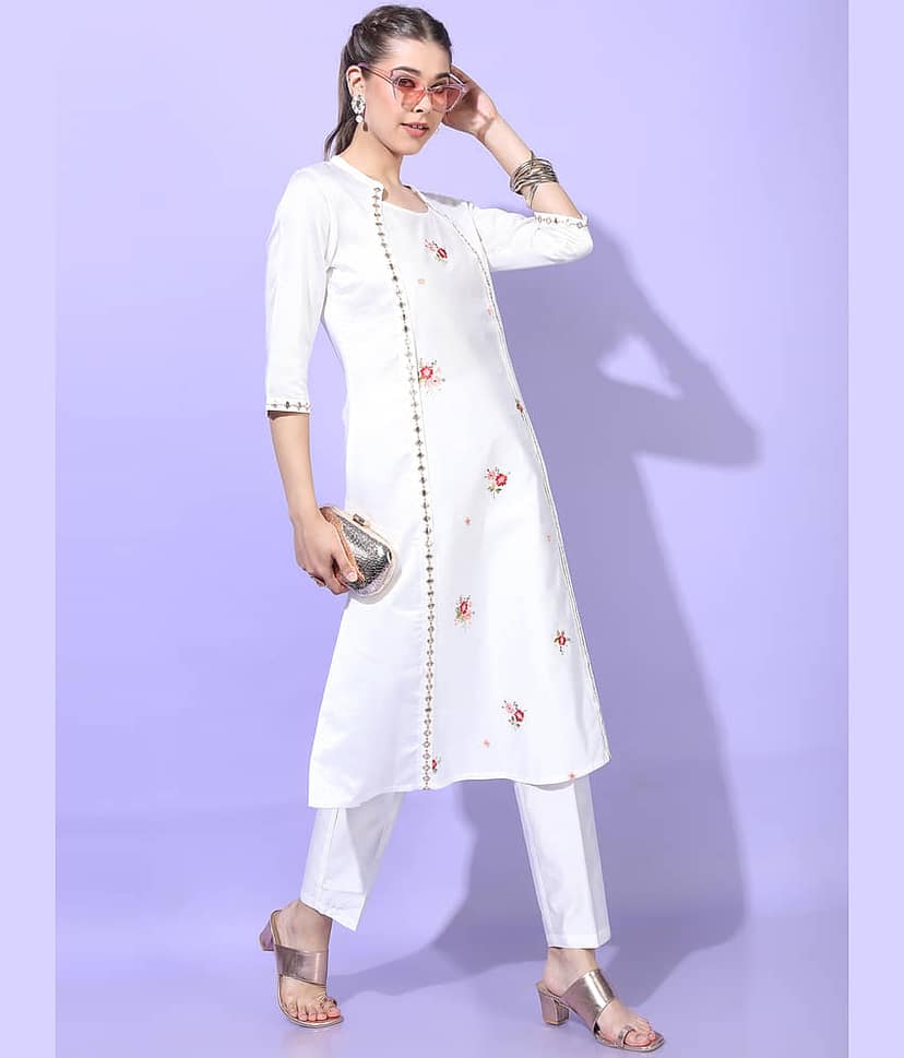 Vishudh Women Viscose Embroidered Straight Kurti With Pants ( White ) view 5