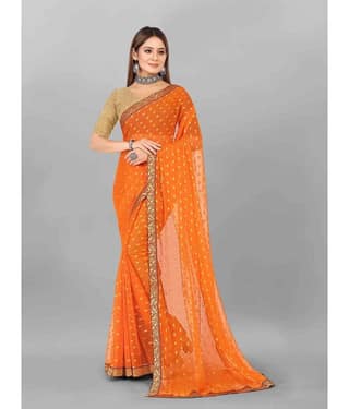 Aardiva Chiffon Printed Saree With Unstitched Blouse Piece ( Orange )