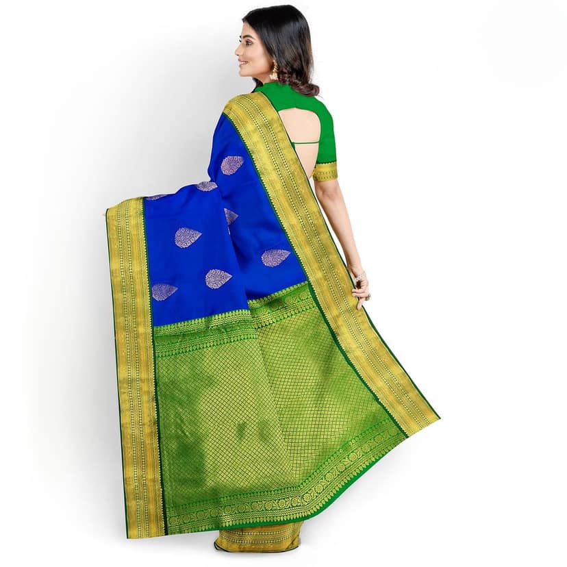 Blue with Green Color Korvai Saree Has Contrast Pallu and Border with Unstitched Blouse view 3