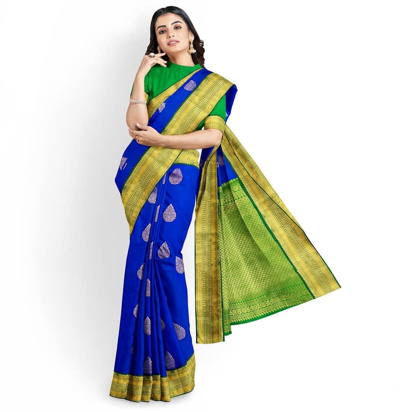 Blue with Green Color Korvai Saree Has Contrast Pallu and Border with Unstitched Blouse view 4