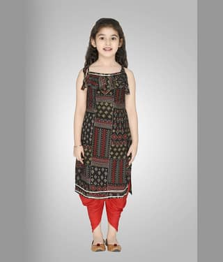 Cherry Tree Girls Rayon Patiala Kurta Set ( Pack of 1 , Black )
