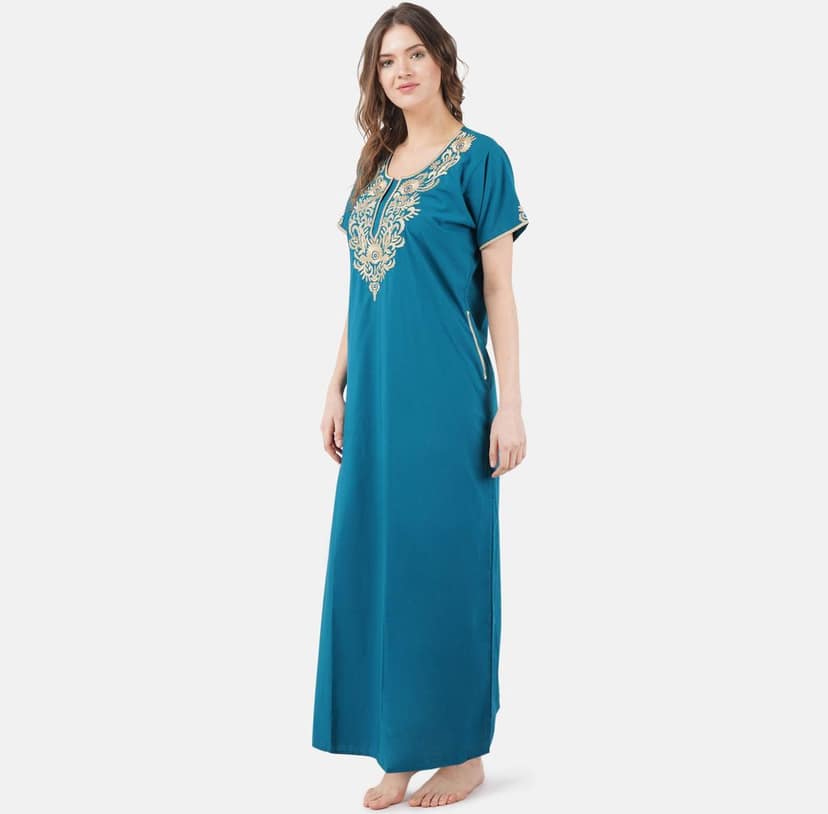 KOI SLEEPWEAR Women's Cotton Blend Floral Embroidered Maxi Length Nightgown (Peacock Green, 2XL/3XL) view 5