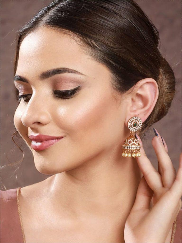 Gold Plated Green CZ Studded Pearl Beaded Jhumka earrings view 2
