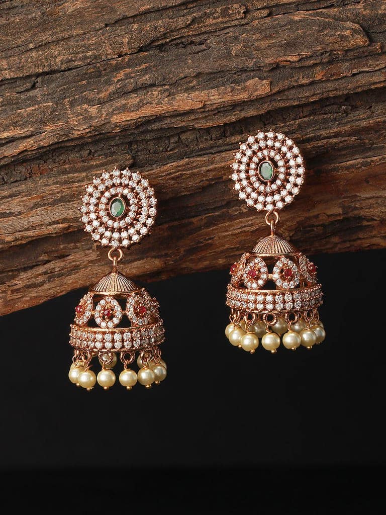 Gold Plated Green CZ Studded Pearl Beaded Jhumka earrings view 3