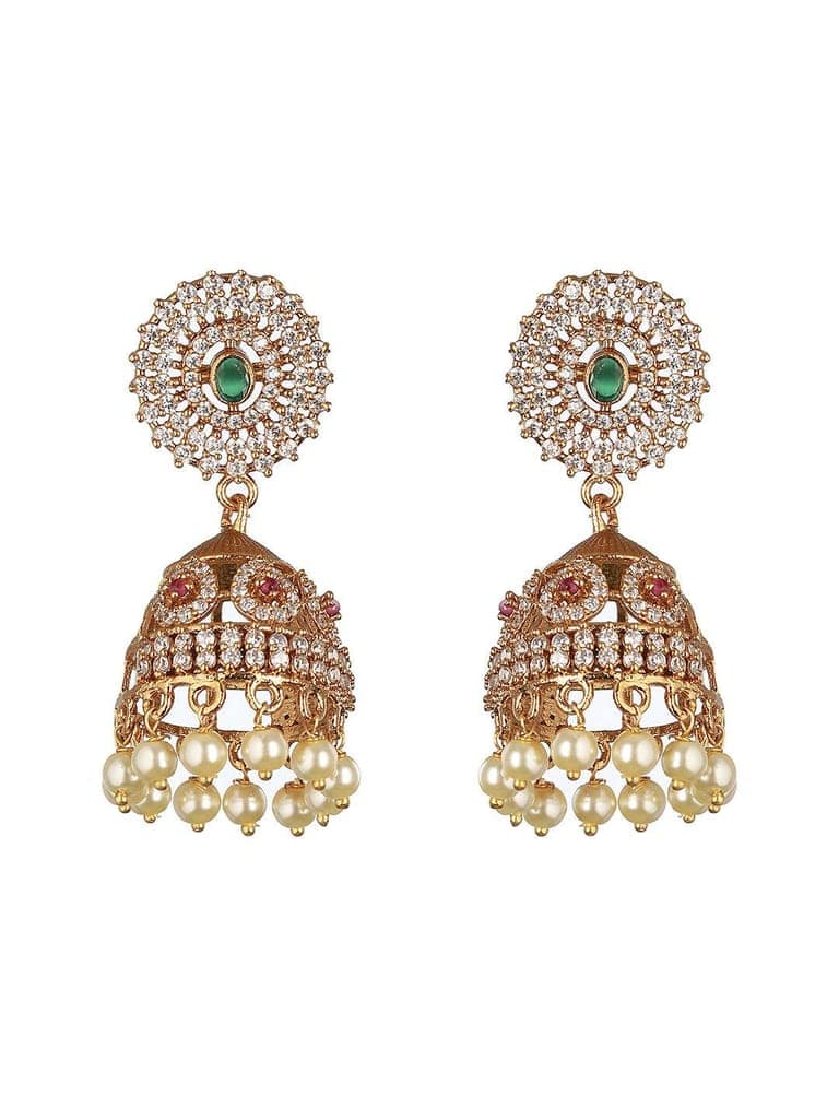 Gold Plated Green CZ Studded Pearl Beaded Jhumka earrings view 4