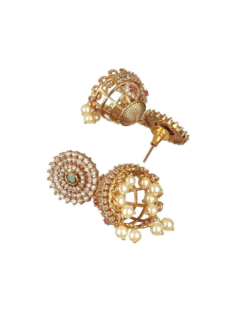 Gold Plated Green CZ Studded Pearl Beaded Jhumka earrings view 5