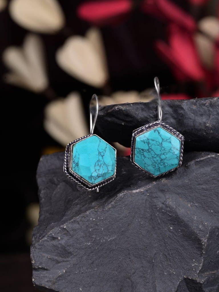 Silver Oxidised Aqua turquoise Stone Studded Earrings view 2