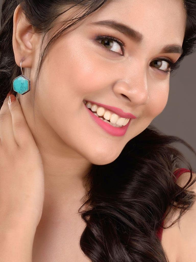 Silver Oxidised Aqua turquoise Stone Studded Earrings view 3