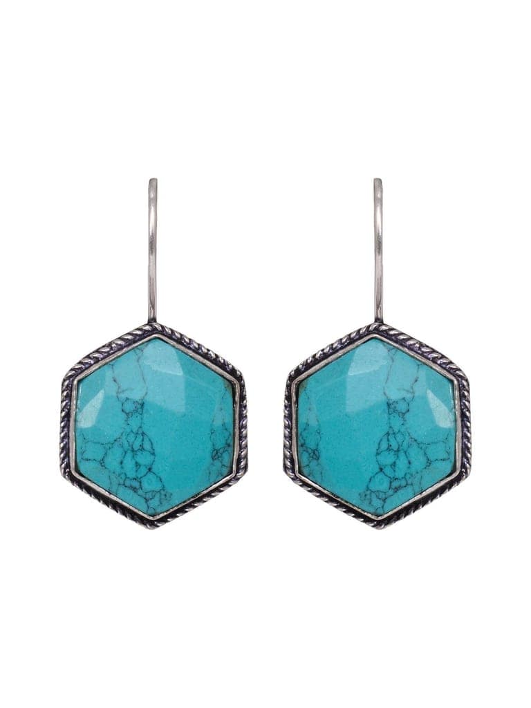 Silver Oxidised Aqua turquoise Stone Studded Earrings view 4