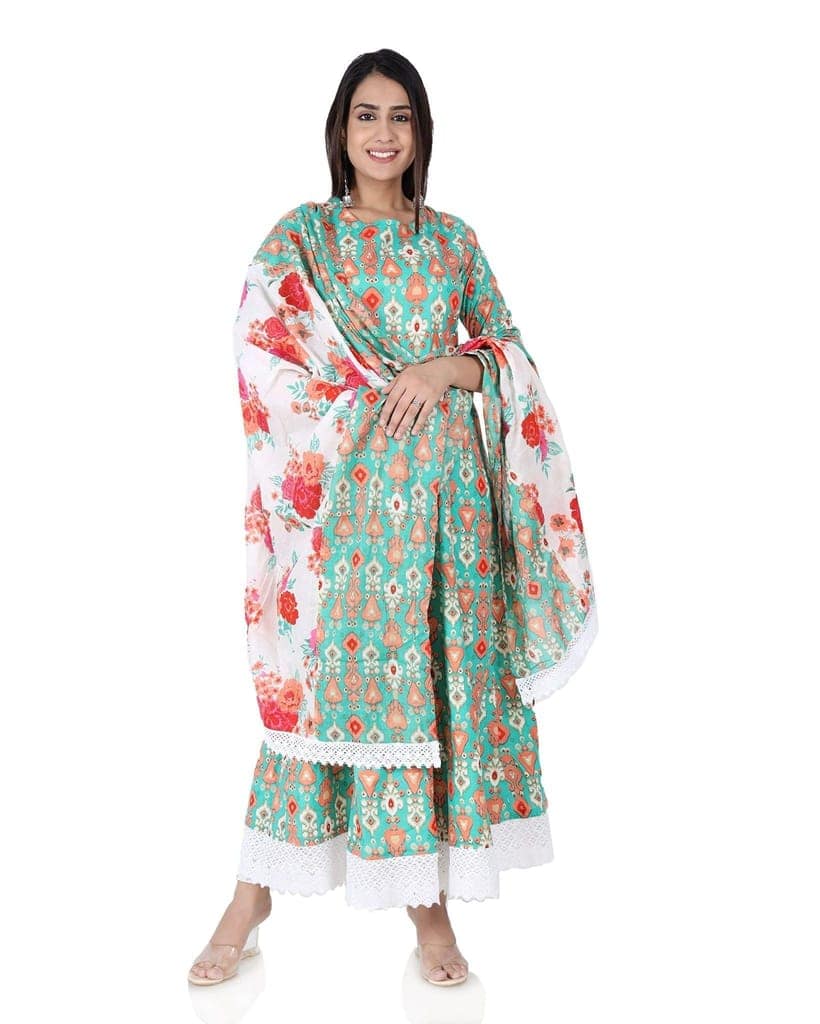 MANMAYEE women's Heavy Embriodery Anarkali Kurti with Dupatta with Heavy Lace