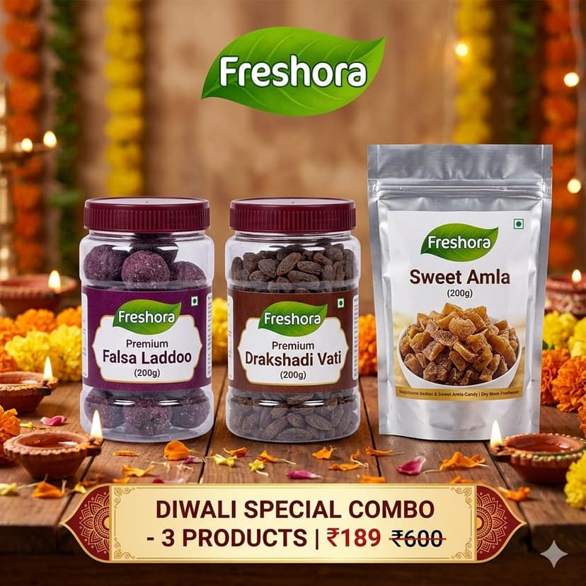 Freshora Diwali Special 3-in-1 Premium Mouth Freshener Combo | Premium Falsa Laddoo (200g Jar), Premium Drakshadi Vati (200g Jar) & Sweet Amla Candy (200g Pouch) | 600g Total Net Weight