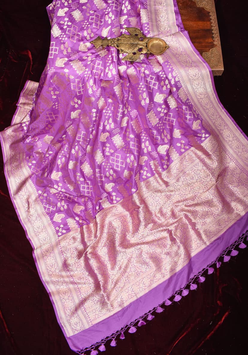 Lavender Banarasi Katan Silk Saree with Geometric Buti Jaal | SILK MARK CERTIFIED