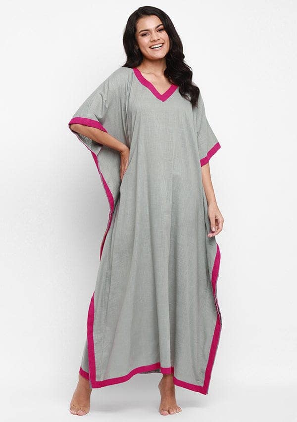 Grey Fuchsia V-Neck Cotton Kaftan view 3