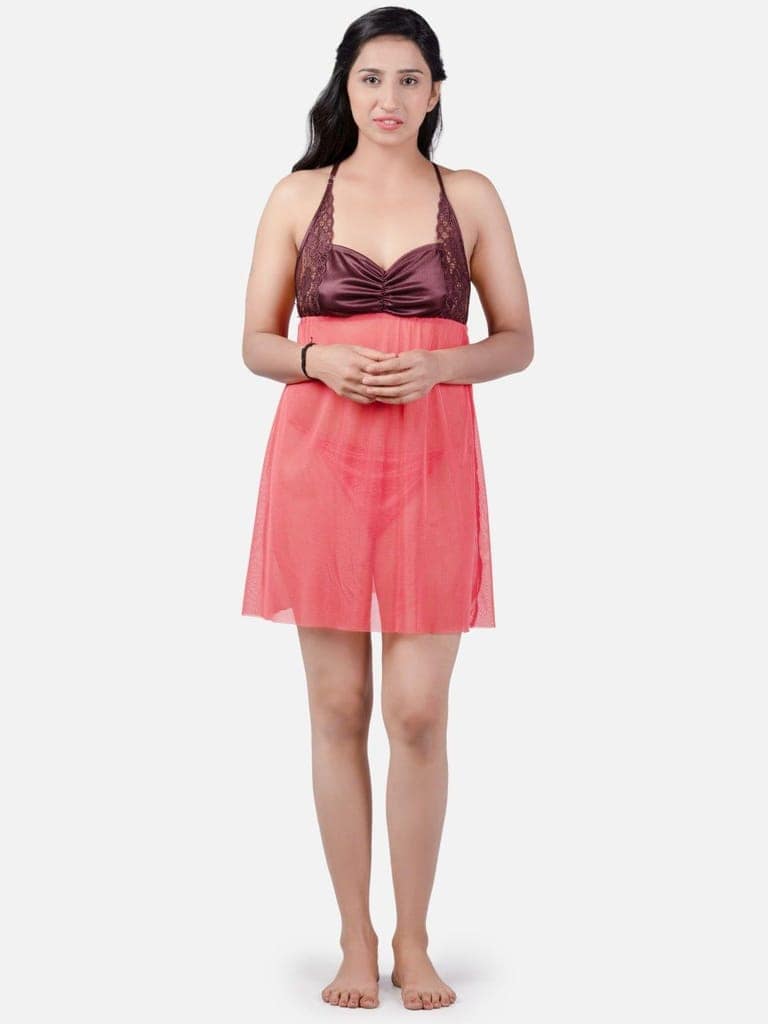 Sexy Net Honeymoon Peach Babydoll Bikini Night Dress K1UH view 3