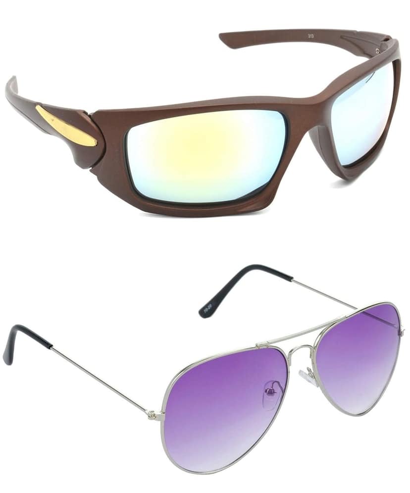 HRINKAR Men Sports Sunglasses Brown & Silver Frame, Silver & Violet Lens (Medium) - Pack of 2