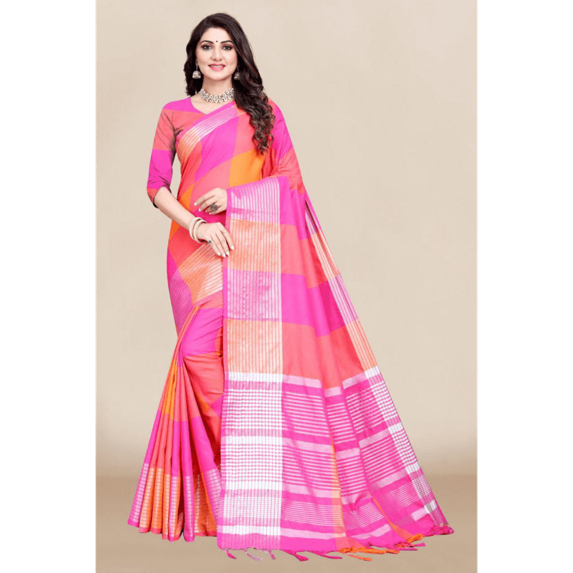TheHangr Women's Cotton Silk Saree With Blouse Piece & Fancy Jhalar - Red
