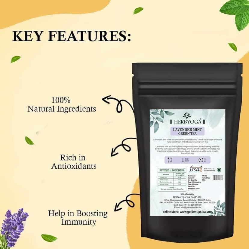 Golden Tips HERBYOGA Green Tea Lavendar and Mint Pouch (100 Gram, 50 cups) view 4