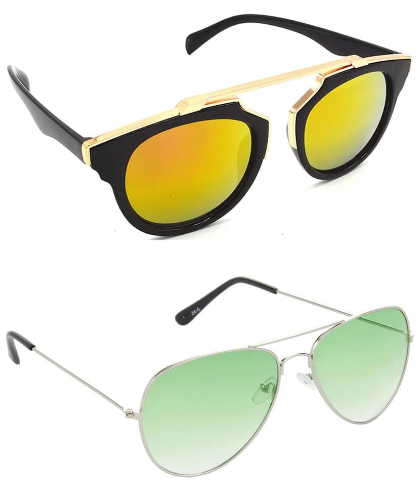 HRINKAR Unisex Wrap-around Sunglasses Golden & Silver Frame, Golden & Green Lens (Medium) - Pack of 2