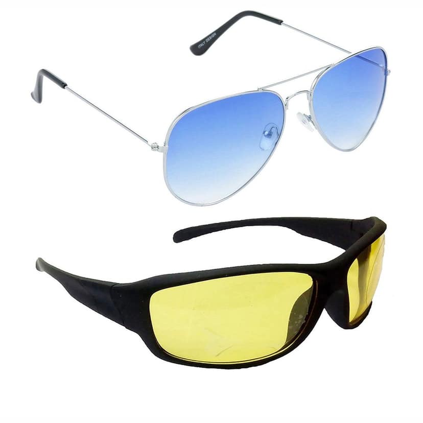 HRINKAR Men Women Boys & Girls Pilot & Rectangular Sunglasses Silver & Black Frame, Blue & Yellow Lens (Medium) Pack of - 2