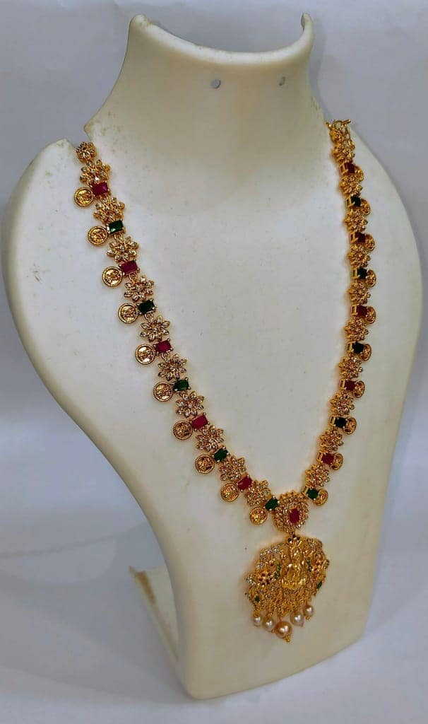 "Stunning Lakshmi Pendant Necklace with Green Stones and Pearls" view 2