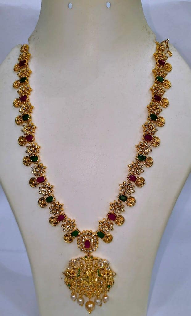 "Stunning Lakshmi Pendant Necklace with Green Stones and Pearls" view 3