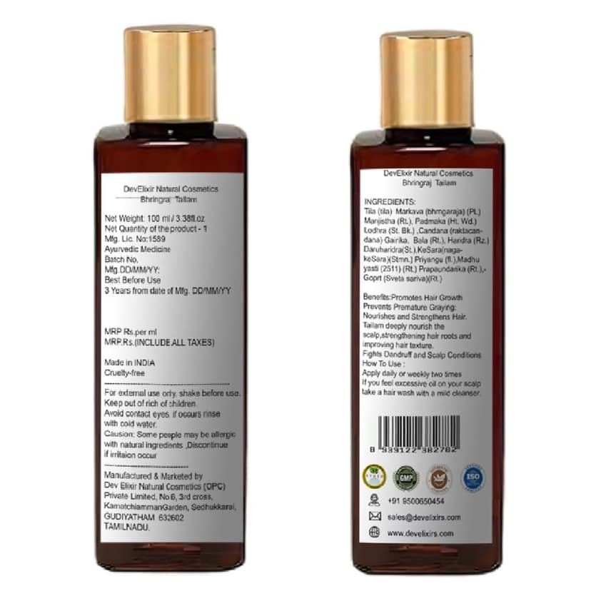 DevElixir Natural Cosmetics Bhringraja Thailam Ayurvedic Hair Oil | Intensive Repair & Conditioning | 100ml view 5