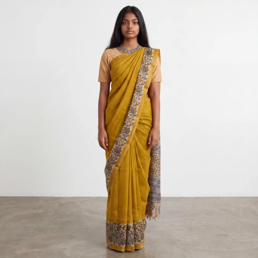Pedana Kalamkari Block-Print Saree in Mustard Yellow with Blouse