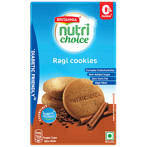 Britannia Nutrichoice Essentials Ragi Cookies - No Added Sugar & Diabetic Friendly, High Dietary Fibre, 150 G