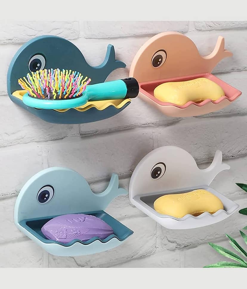 BLUE HOME AND KITCHEN Fish Shape Plastic Soap Holder Self Adhesive Wall Mounted (Pack of 4)