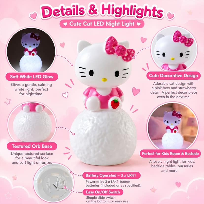 Cartoon Cat LED Night Light with Textured Orb Base for Bedroom Decor (1 Pc) view 2
