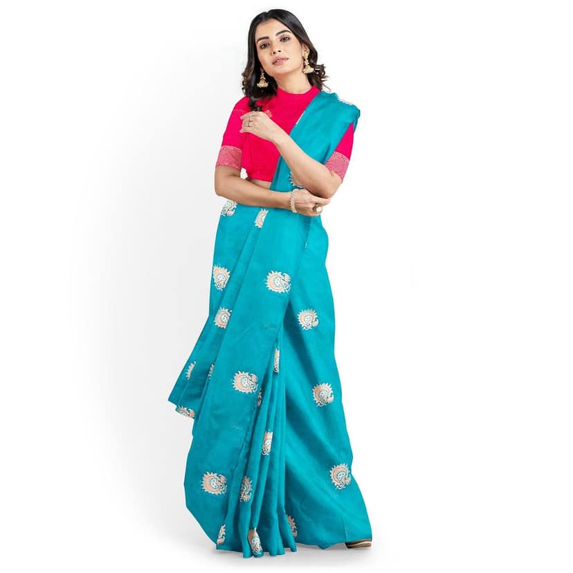 Sky Blue Color Silver & Copper Zari Floral Butta Saree with Contrast Blouse view 2