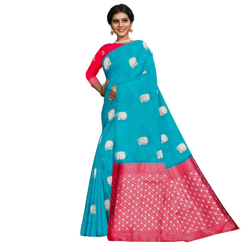 Sky Blue Color Silver & Copper Zari Floral Butta Saree with Contrast Blouse view 3