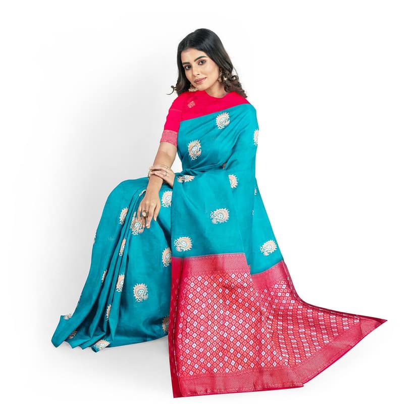 Sky Blue Color Silver & Copper Zari Floral Butta Saree with Contrast Blouse view 4