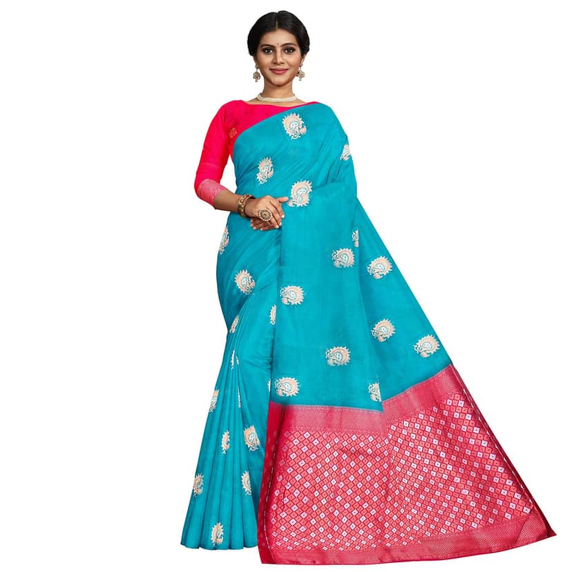 Sky Blue Color Silver & Copper Zari Floral Butta Saree with Contrast Blouse view 5