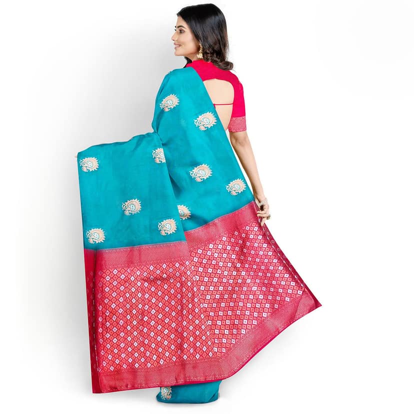 Sky Blue Color Silver & Copper Zari Floral Butta Saree with Contrast Blouse view 6