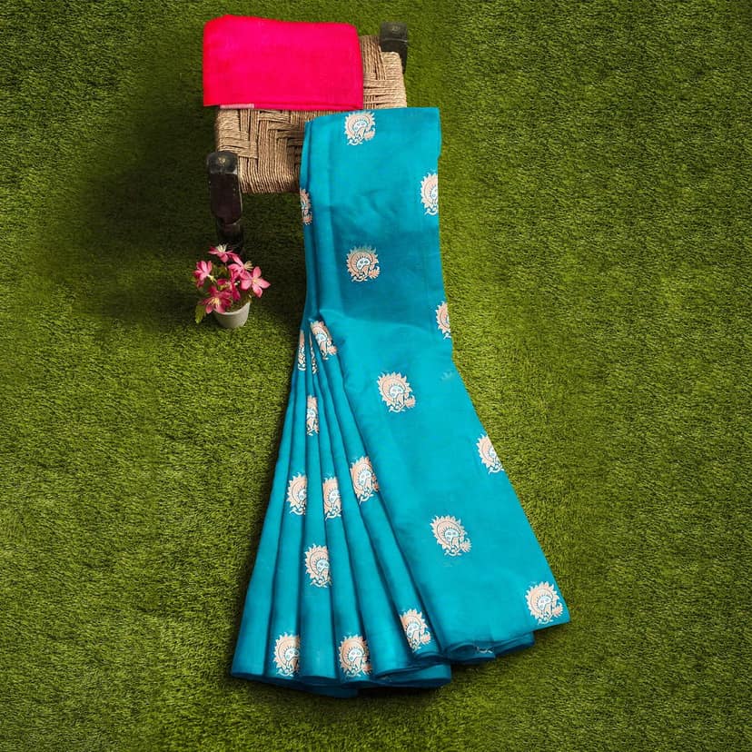 Sky Blue Color Silver & Copper Zari Floral Butta Saree with Contrast Blouse view 7