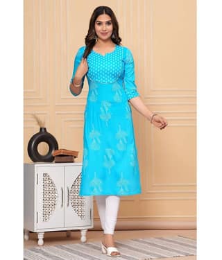 GlowWorld Rayon Printed Straight Women's Kurti - Light Blue ( Pack of 1 )