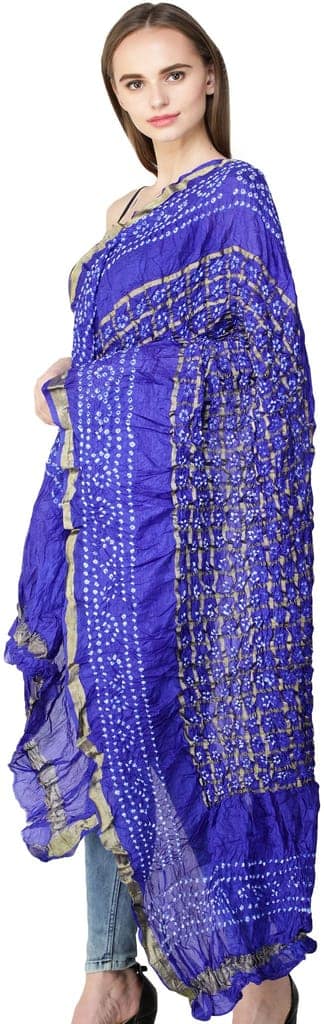 Medium-Blue Bandhani Tie-Dye Gharchola Dupatta from Jodhpur with Golden Thread Weave view 2