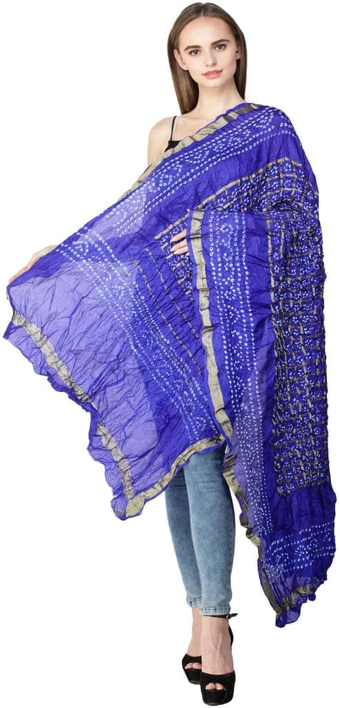 Medium-Blue Bandhani Tie-Dye Gharchola Dupatta from Jodhpur with Golden Thread Weave view 3