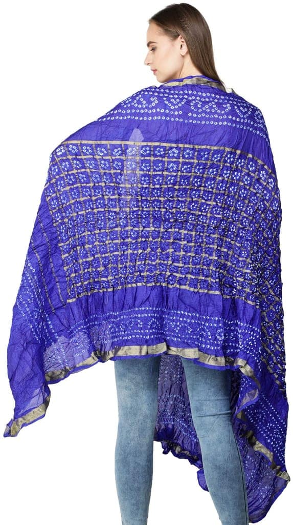 Medium-Blue Bandhani Tie-Dye Gharchola Dupatta from Jodhpur with Golden Thread Weave view 4