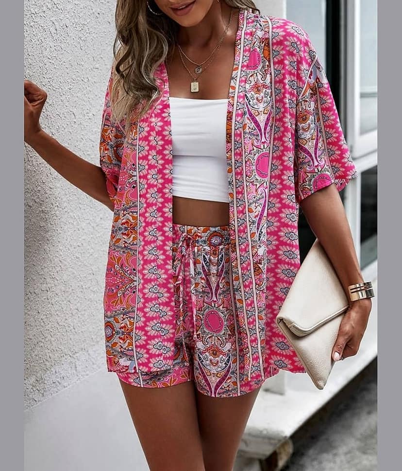 COOL AND CASUAL Women Printed Top With Shorts Co-Ord Set ( Pink )