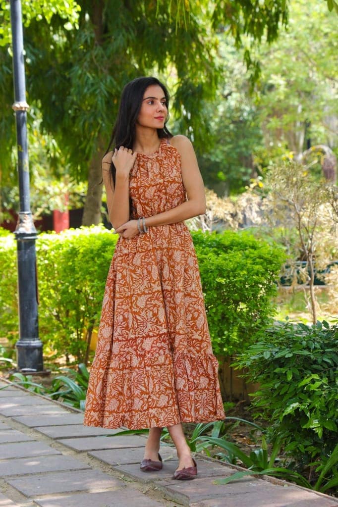 Pure Cotton Halter Neck Midi Orange Dress Hand Block Printed (Size: 38-46)-4885 view 2