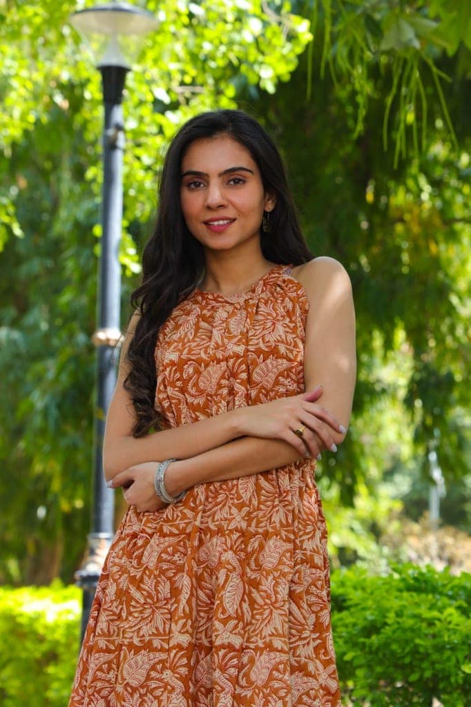 Pure Cotton Halter Neck Midi Orange Dress Hand Block Printed (Size: 38-46)-4885 view 3