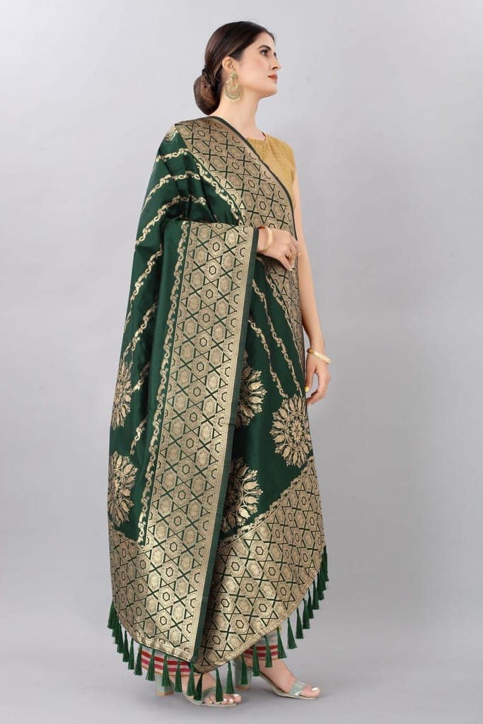 Women Dark Green &amp; Gold Toned Jacquared Banarasi Dupatta view 2