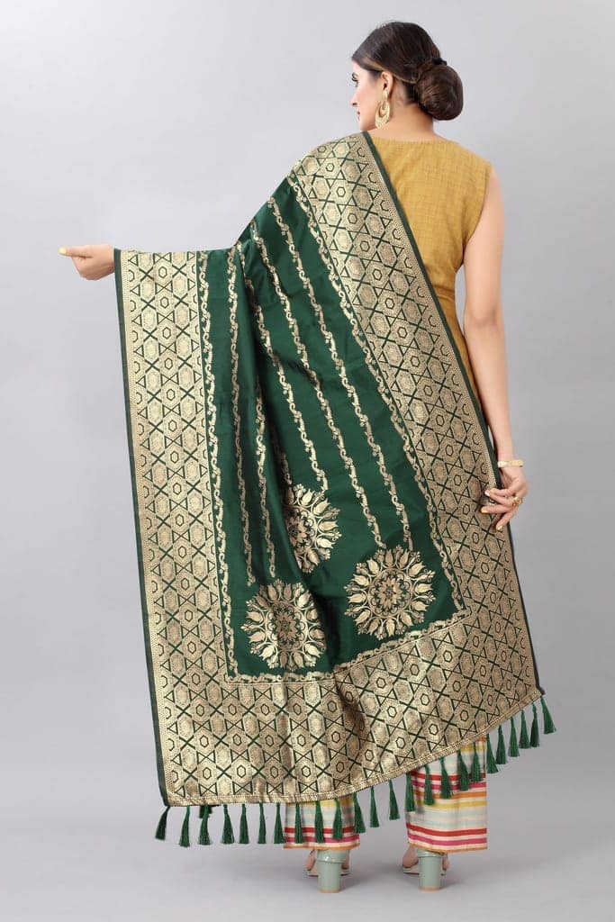 Women Dark Green &amp; Gold Toned Jacquared Banarasi Dupatta view 3