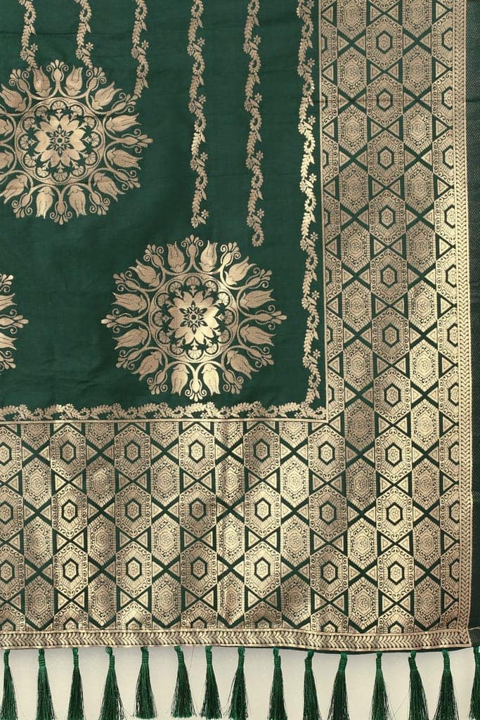 Women Dark Green &amp; Gold Toned Jacquared Banarasi Dupatta view 4