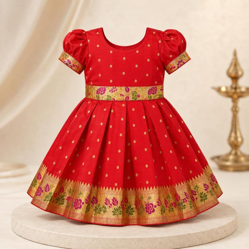 luster Frock taffata-Paithani Age (0 to 5) (0-3 Months, Red) view 2